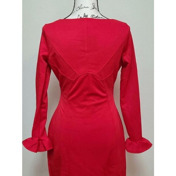 ❤️ Long Ruffle Sleeve Front Slit Bodycon Boat Neck Party Midi Red Dress M NEW - Picture 14 of 17